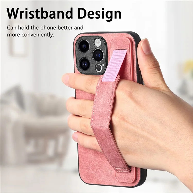 D11 For iPhone 13 Pro Case Wristband Kickstand Leather Coated TPU Phone Cover
