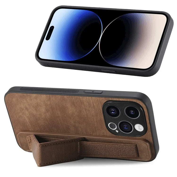 D11 For iPhone 13 Pro Case Wristband Kickstand Leather Coated TPU Phone Cover