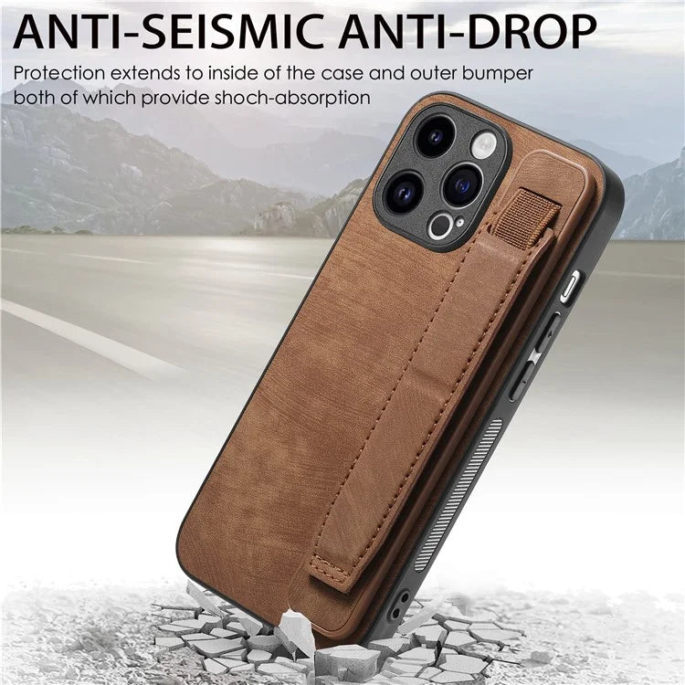 D11 For iPhone 13 Pro Case Wristband Kickstand Leather Coated TPU Phone Cover