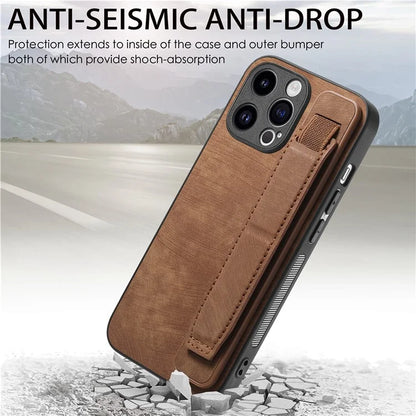 D11 For iPhone 13 Pro Case Wristband Kickstand Leather Coated TPU Phone Cover