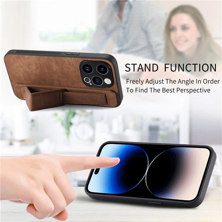 D11 For iPhone 13 Pro Case Wristband Kickstand Leather Coated TPU Phone Cover