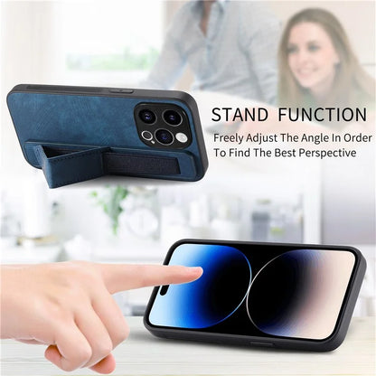 D11 For iPhone 13 Pro Case Wristband Kickstand Leather Coated TPU Phone Cover