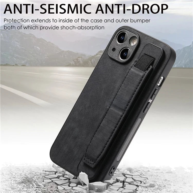 D11 For iPhone 15 Plus Case Retro Leather+TPU Wristband Drop Protection Phone Cover