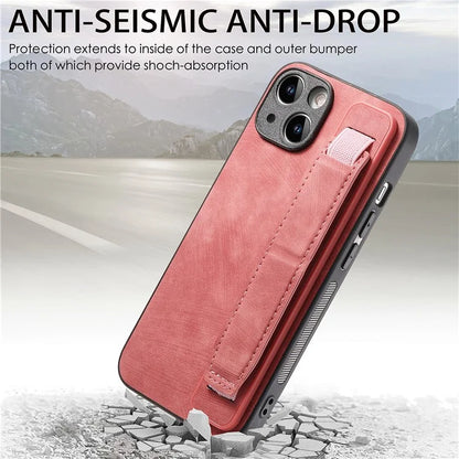 D11 For iPhone 15 Plus Case Retro Leather+TPU Wristband Drop Protection Phone Cover