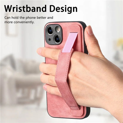 D11 For iPhone 15 Plus Case Retro Leather+TPU Wristband Drop Protection Phone Cover