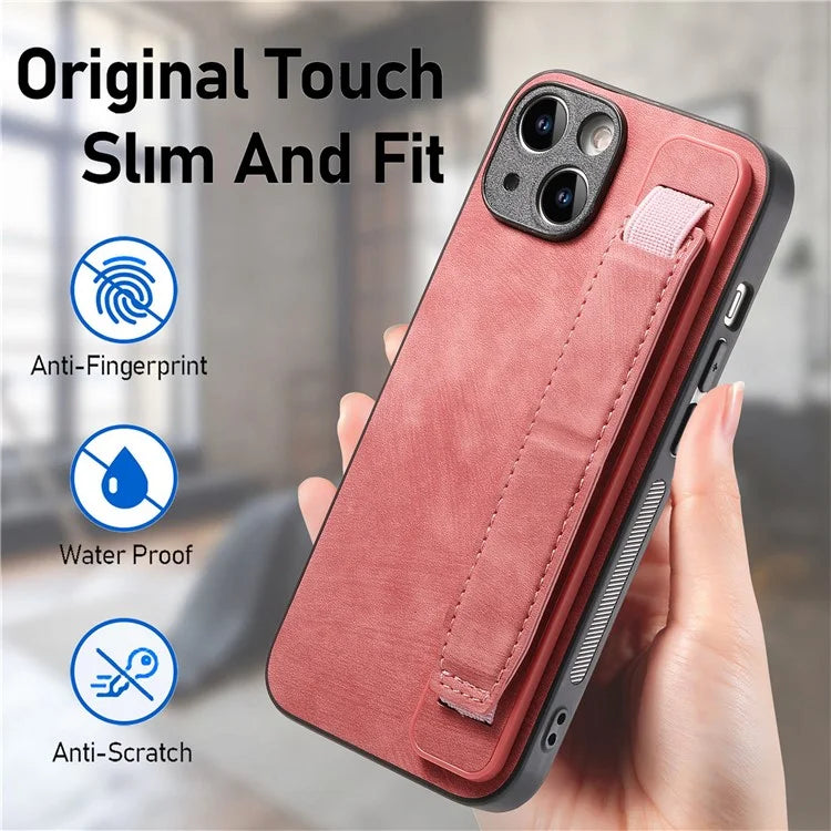 D11 For iPhone 15 Plus Case Retro Leather+TPU Wristband Drop Protection Phone Cover