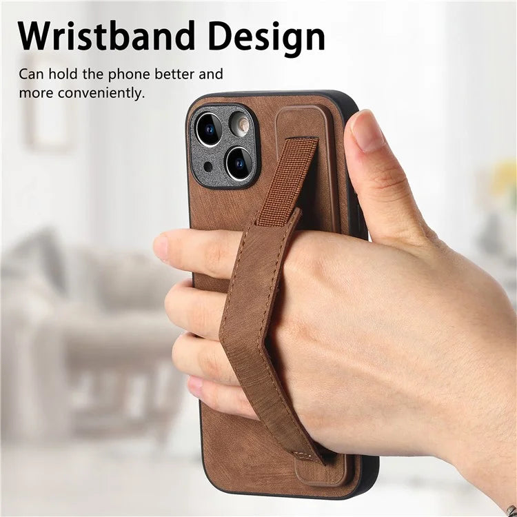 D11 For iPhone 15 Plus Case Retro Leather+TPU Wristband Drop Protection Phone Cover