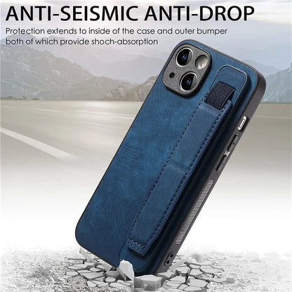D11 For iPhone 15 Plus Case Retro Leather+TPU Wristband Drop Protection Phone Cover