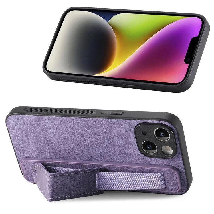 D11 For iPhone 15 Plus Case Retro Leather+TPU Wristband Drop Protection Phone Cover