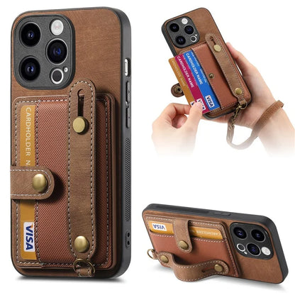 D9 For iPhone 14 Pro Anti-drop Case Cross Texture Kickstand Card Holder Phone Cover with Strap