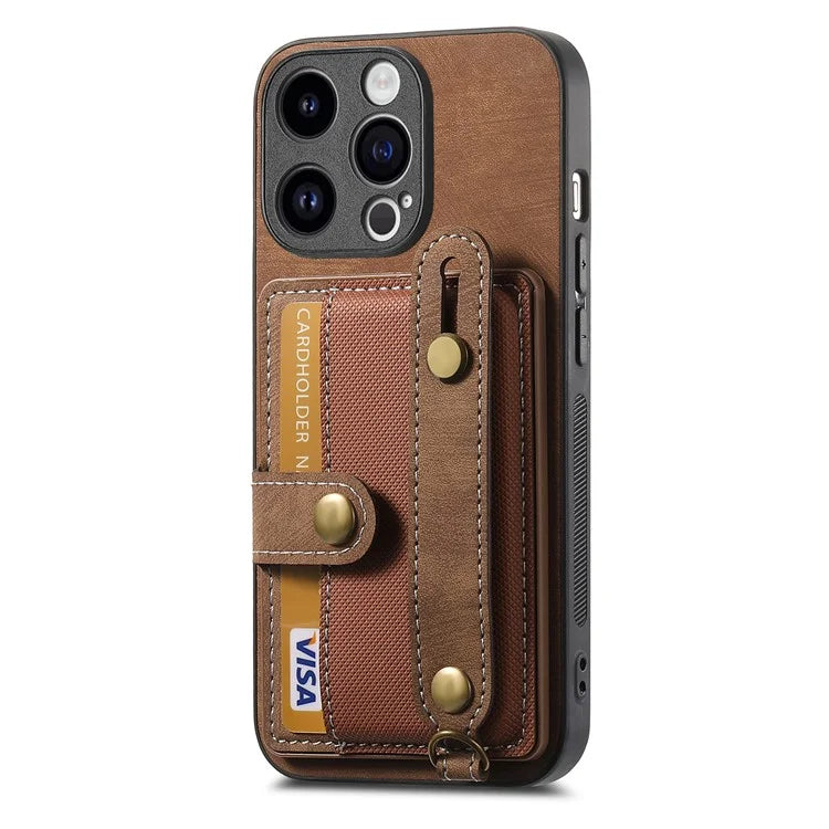 D9 For iPhone 14 Pro Anti-drop Case Cross Texture Kickstand Card Holder Phone Cover with Strap