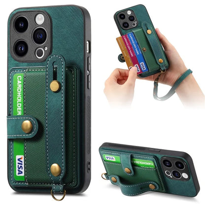 D9 For iPhone 14 Pro Anti-drop Case Cross Texture Kickstand Card Holder Phone Cover with Strap