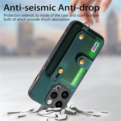 D9 For iPhone 14 Pro Anti-drop Case Cross Texture Kickstand Card Holder Phone Cover with Strap