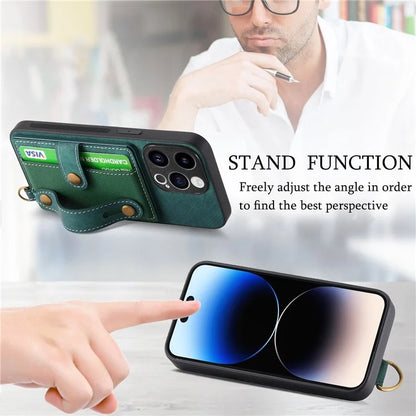 D9 For iPhone 14 Pro Anti-drop Case Cross Texture Kickstand Card Holder Phone Cover with Strap