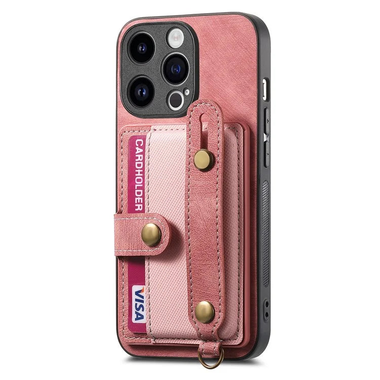 D9 For iPhone 14 Pro Anti-drop Case Cross Texture Kickstand Card Holder Phone Cover with Strap