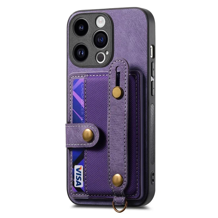 D9 For iPhone 14 Pro Anti-drop Case Cross Texture Kickstand Card Holder Phone Cover with Strap