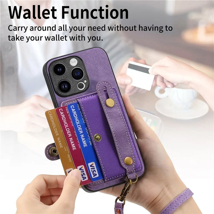 D9 For iPhone 14 Pro Anti-drop Case Cross Texture Kickstand Card Holder Phone Cover with Strap