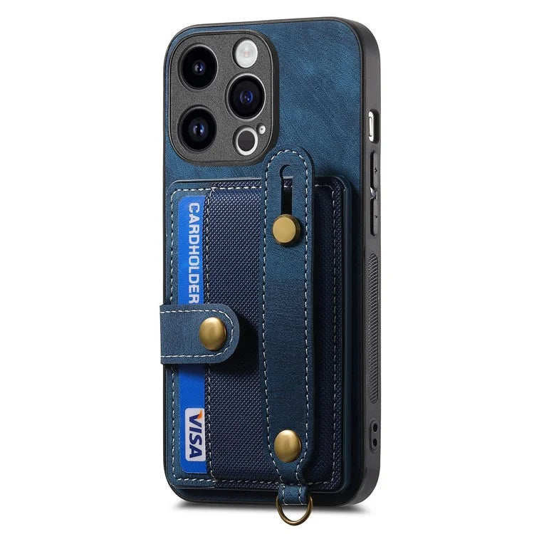 D9 For iPhone 14 Pro Anti-drop Case Cross Texture Kickstand Card Holder Phone Cover with Strap