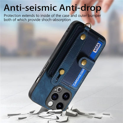 D9 For iPhone 14 Pro Anti-drop Case Cross Texture Kickstand Card Holder Phone Cover with Strap