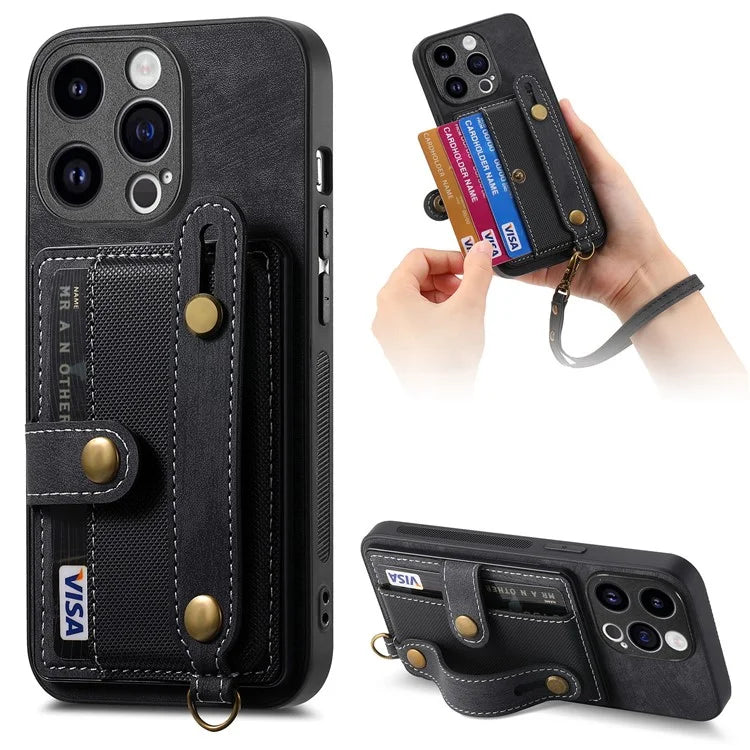 D9 For iPhone 14 Pro Max Case Anti-drop Cross Texture Kickstand Card Holder Phone Cover with Strap