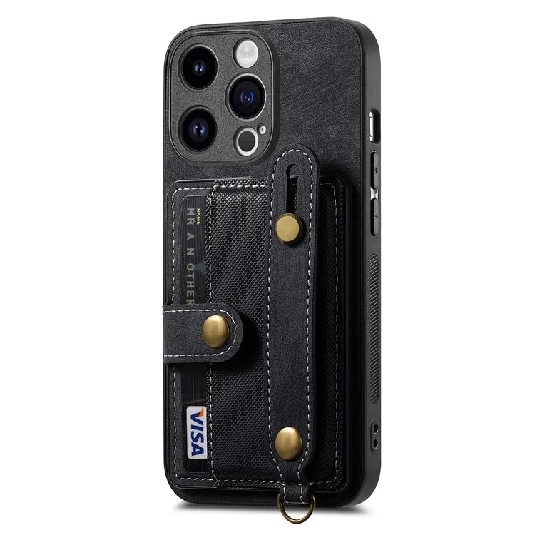 D9 For iPhone 14 Pro Max Case Anti-drop Cross Texture Kickstand Card Holder Phone Cover with Strap
