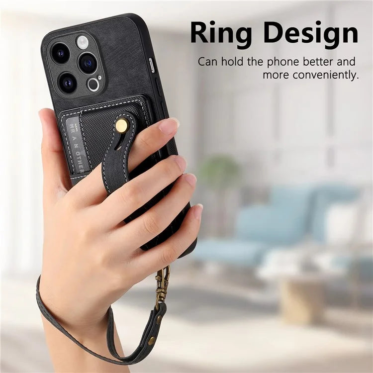 D9 For iPhone 14 Pro Max Case Anti-drop Cross Texture Kickstand Card Holder Phone Cover with Strap