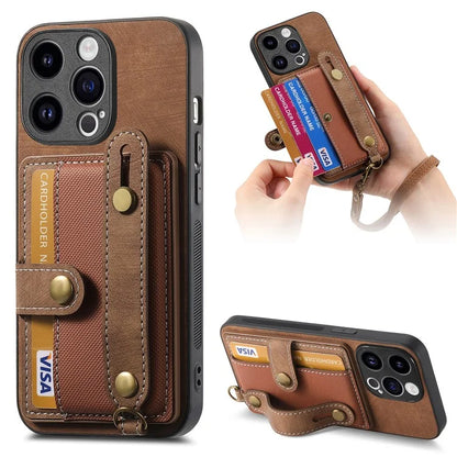 D9 For iPhone 14 Pro Max Case Anti-drop Cross Texture Kickstand Card Holder Phone Cover with Strap