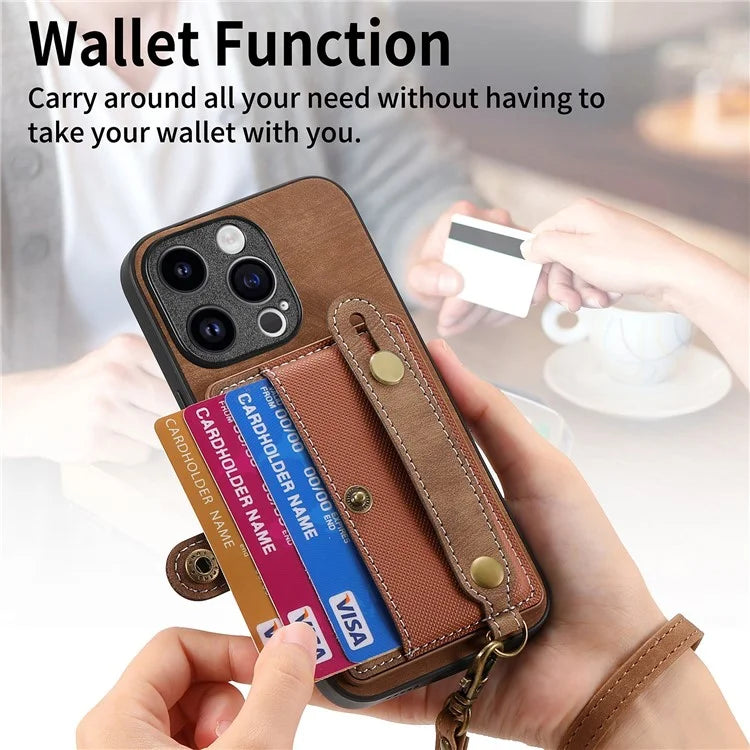 D9 For iPhone 14 Pro Max Case Anti-drop Cross Texture Kickstand Card Holder Phone Cover with Strap