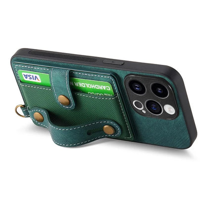 D9 For iPhone 14 Pro Max Case Anti-drop Cross Texture Kickstand Card Holder Phone Cover with Strap