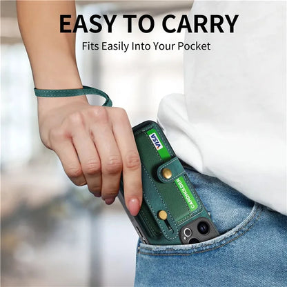 D9 For iPhone 14 Pro Max Case Anti-drop Cross Texture Kickstand Card Holder Phone Cover with Strap