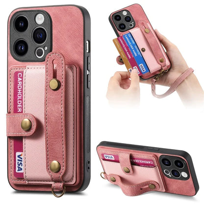 D9 For iPhone 14 Pro Max Case Anti-drop Cross Texture Kickstand Card Holder Phone Cover with Strap