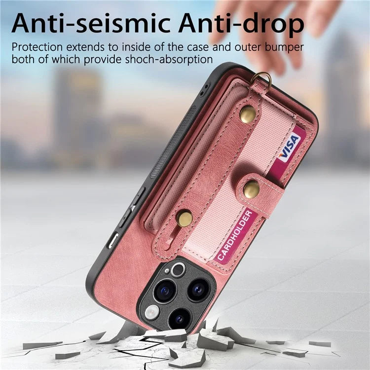D9 For iPhone 14 Pro Max Case Anti-drop Cross Texture Kickstand Card Holder Phone Cover with Strap