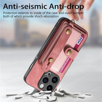 D9 For iPhone 14 Pro Max Case Anti-drop Cross Texture Kickstand Card Holder Phone Cover with Strap