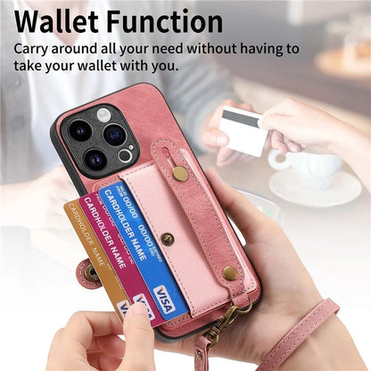 D9 For iPhone 14 Pro Max Case Anti-drop Cross Texture Kickstand Card Holder Phone Cover with Strap