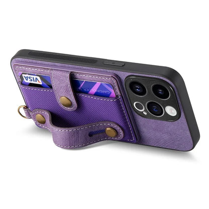 D9 For iPhone 14 Pro Max Case Anti-drop Cross Texture Kickstand Card Holder Phone Cover with Strap