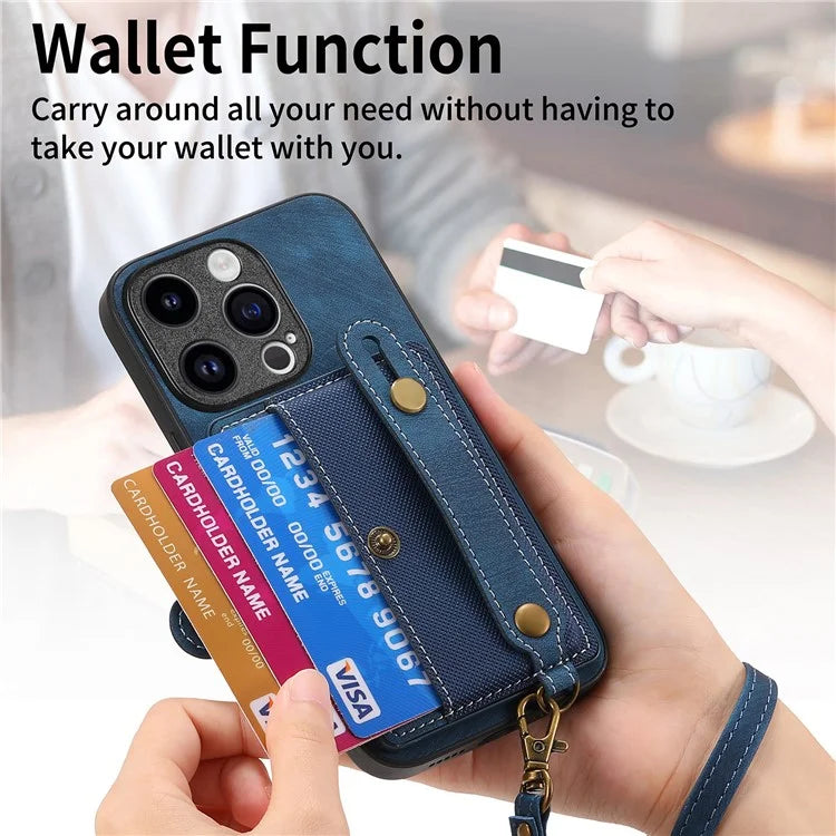 D9 For iPhone 14 Pro Max Case Anti-drop Cross Texture Kickstand Card Holder Phone Cover with Strap
