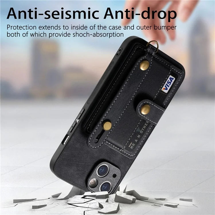 D9 For iPhone 13 Leather Coated Case TPU+PC Cell Phone Back Cover with Strap Card Holder