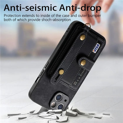 D9 For iPhone 13 Leather Coated Case TPU+PC Cell Phone Back Cover with Strap Card Holder