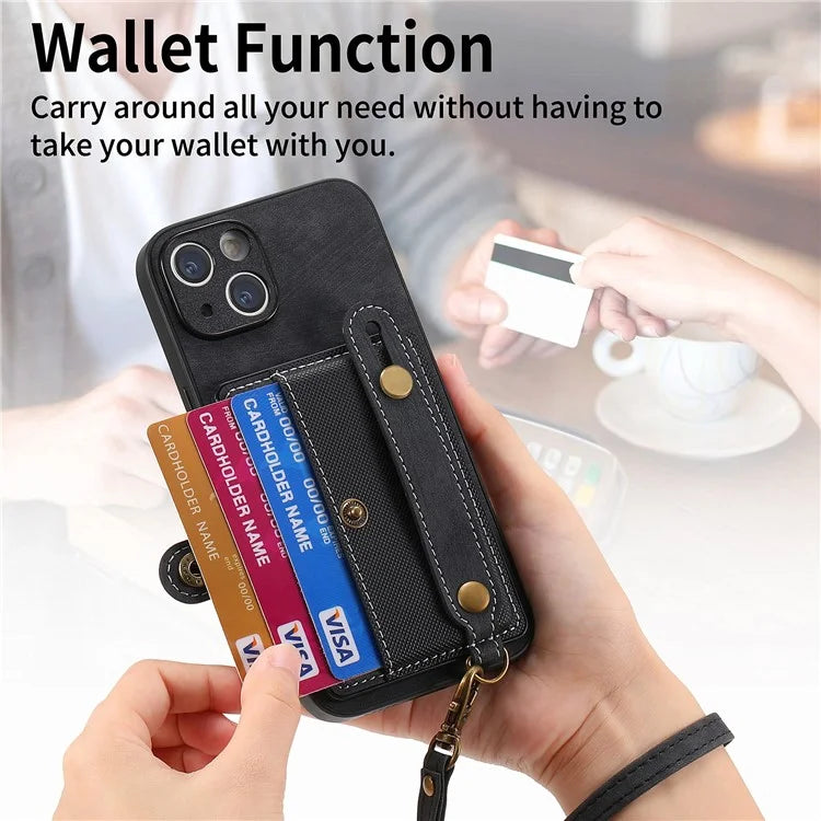 D9 For iPhone 13 Leather Coated Case TPU+PC Cell Phone Back Cover with Strap Card Holder