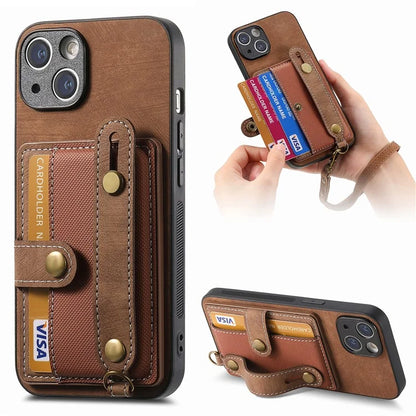 D9 For iPhone 13 Leather Coated Case TPU+PC Cell Phone Back Cover with Strap Card Holder