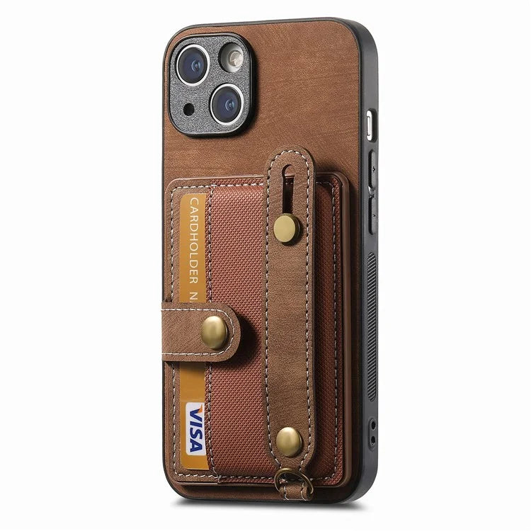 D9 For iPhone 13 Leather Coated Case TPU+PC Cell Phone Back Cover with Strap Card Holder