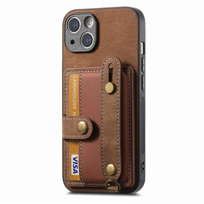 D9 For iPhone 13 Leather Coated Case TPU+PC Cell Phone Back Cover with Strap Card Holder