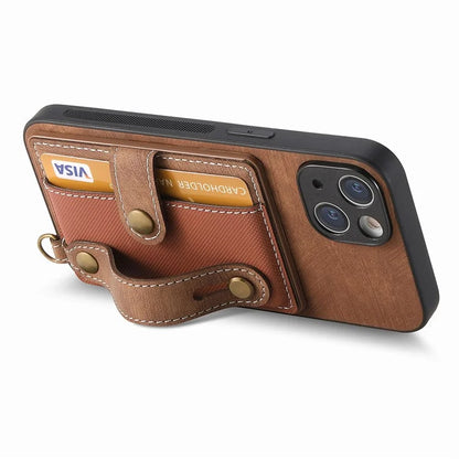 D9 For iPhone 13 Leather Coated Case TPU+PC Cell Phone Back Cover with Strap Card Holder