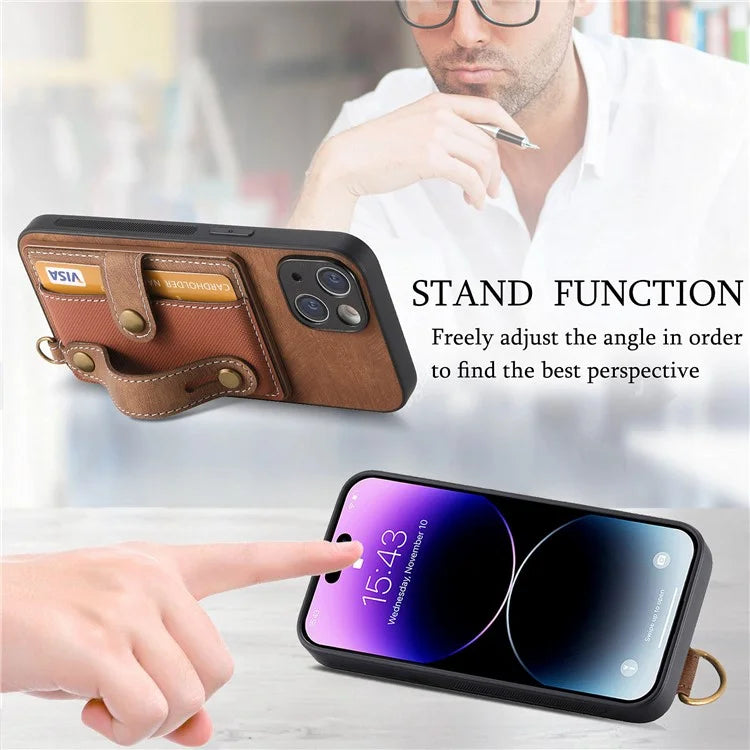 D9 For iPhone 13 Leather Coated Case TPU+PC Cell Phone Back Cover with Strap Card Holder