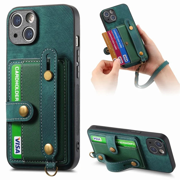 D9 For iPhone 13 Leather Coated Case TPU+PC Cell Phone Back Cover with Strap Card Holder