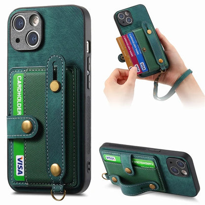 D9 For iPhone 13 Leather Coated Case TPU+PC Cell Phone Back Cover with Strap Card Holder