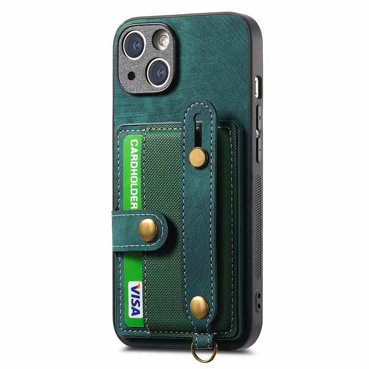 D9 For iPhone 13 Leather Coated Case TPU+PC Cell Phone Back Cover with Strap Card Holder