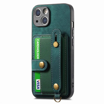 D9 For iPhone 13 Leather Coated Case TPU+PC Cell Phone Back Cover with Strap Card Holder