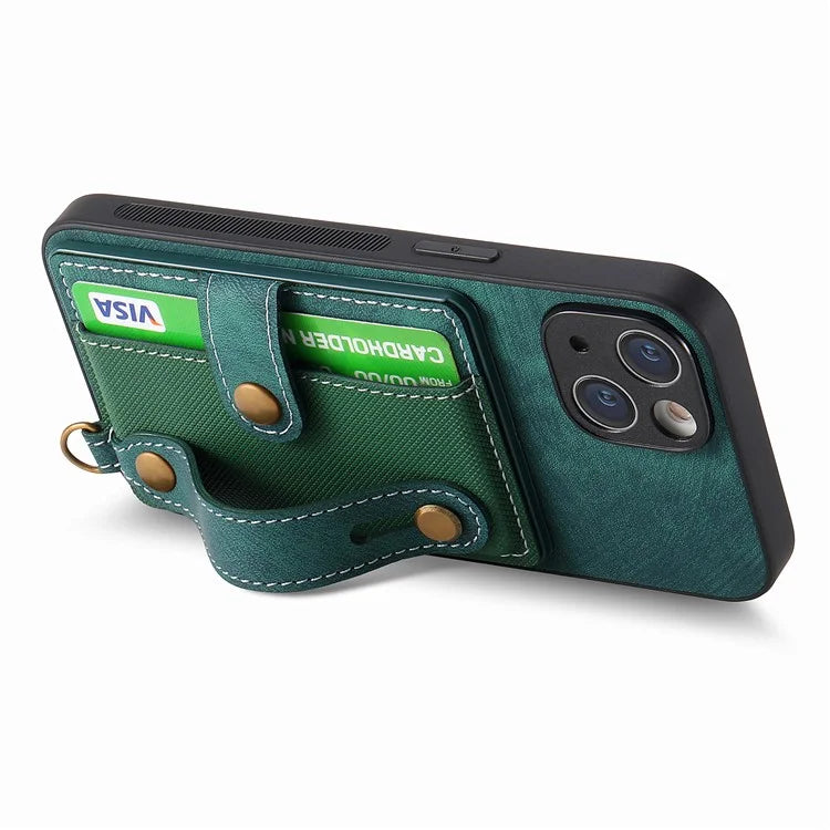 D9 For iPhone 13 Leather Coated Case TPU+PC Cell Phone Back Cover with Strap Card Holder