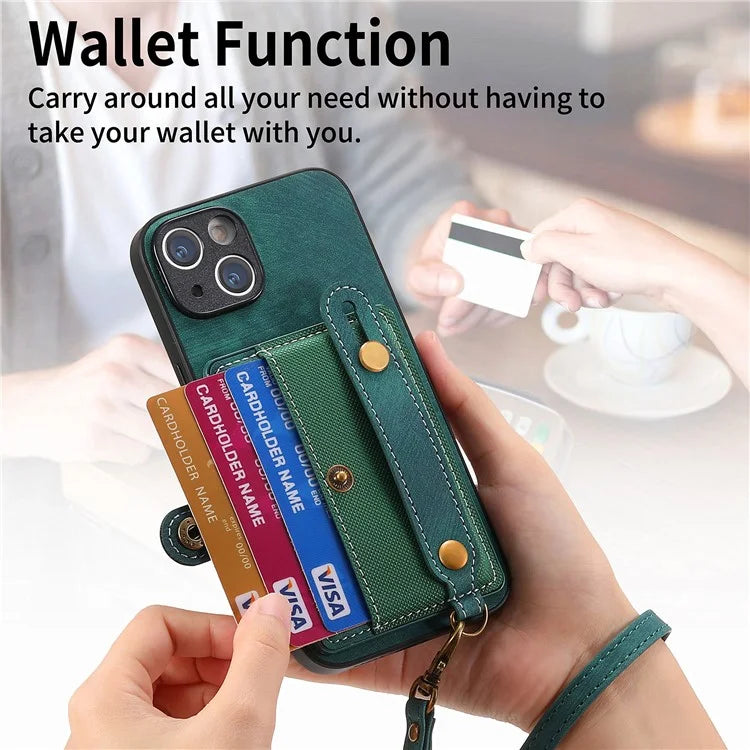 D9 For iPhone 13 Leather Coated Case TPU+PC Cell Phone Back Cover with Strap Card Holder